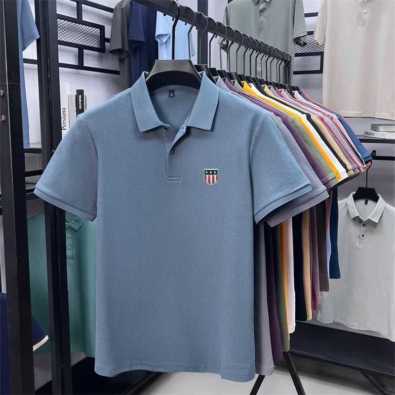 Men's Summer Luxury 100% Cotton Polo Shirt, Lapel Print Short Sleeve T-shirt, Breathable Business Casual Menswear