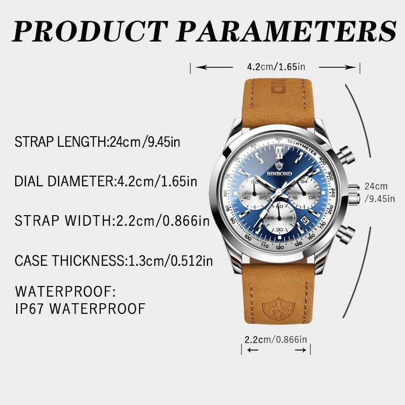 BINBOND Fashion New Quartz Men's Watch Leather Watchband Luminous Waterproof Timer Sports Business Man Watches Relogio Masculino
