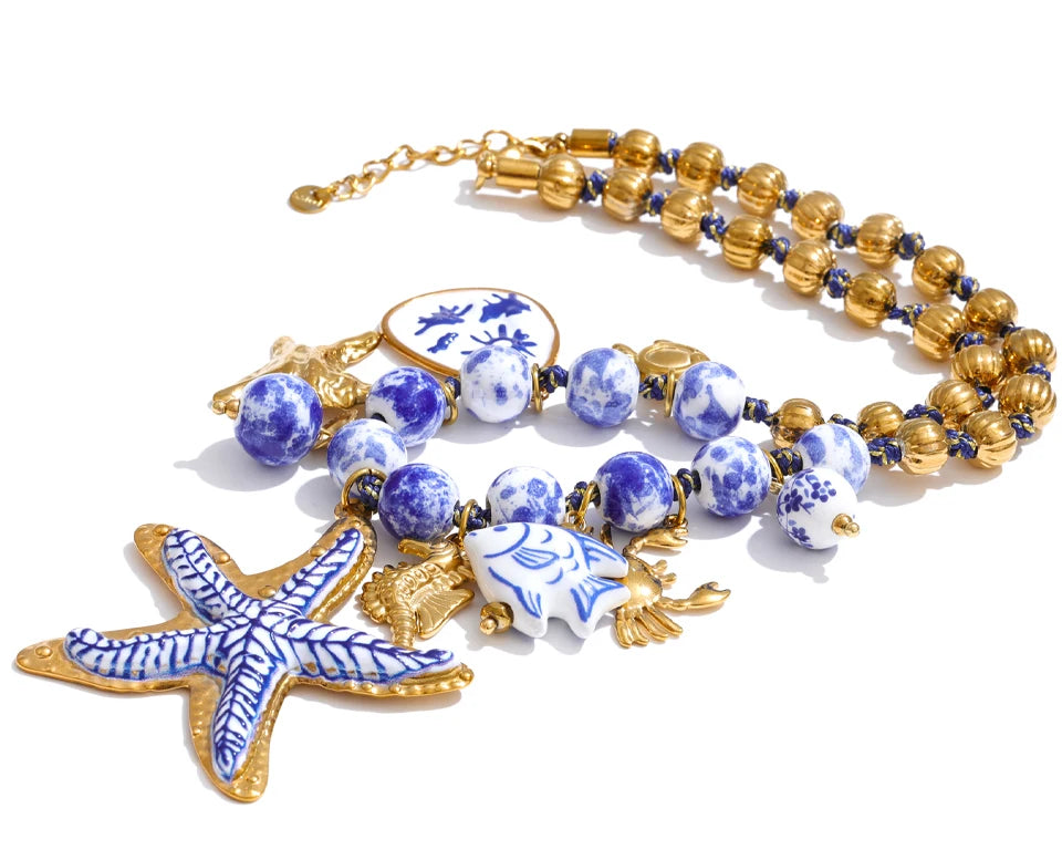 Yhpup Ocean Series Ceramic Beads Chain Fish Starfish Drop Charm Statement Necklace Exclusive Style Handmade Collar Jewelry
