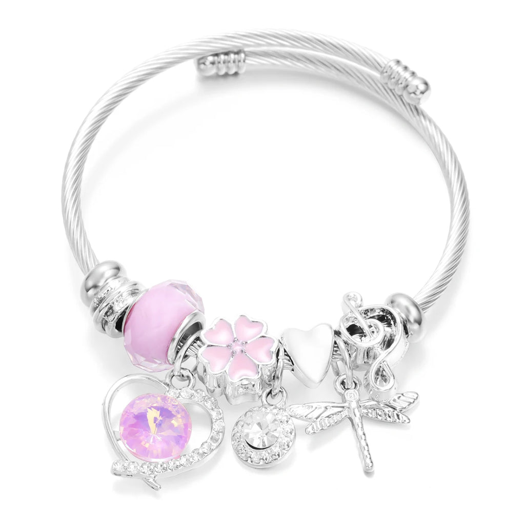 New Butterfly Crystal Tree of Life Beaded Pendant Bracelet Stainless Steel 4 Colors Closure Bangles Women Bracelet Accessories