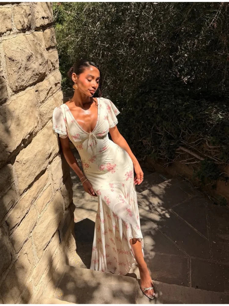 Women White Pink Floral Print Fishtail Skirt Set Chic V Neck Puff Sleeve Ruffle Button Crop Top Suit Elegant Lady Wedding Outfit