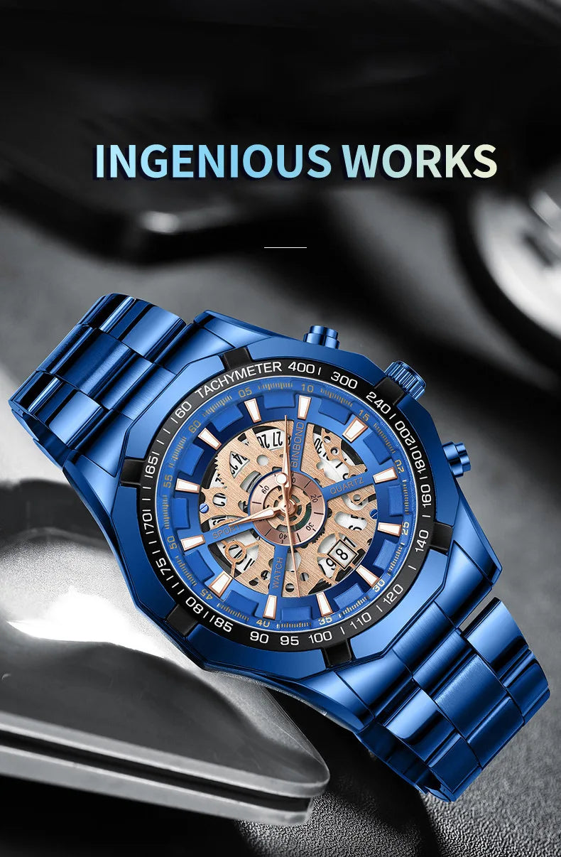 Binbond Mens Watches Top Brand Luxury Stainless Steel Waterproof Hollow Out Blue Big Male Wristwatches Relogio Masculino 2023
