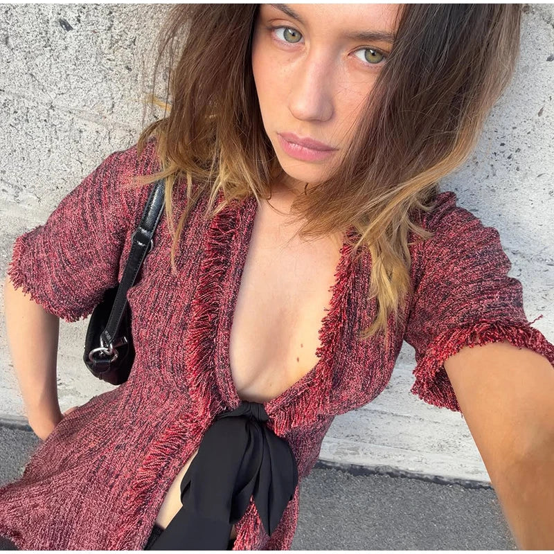 Women's Vintage Fringed V-Neck Blouse – Short Sleeve Lace-Up Ruffle Top | Chic Summer Fashion Shirt 2026