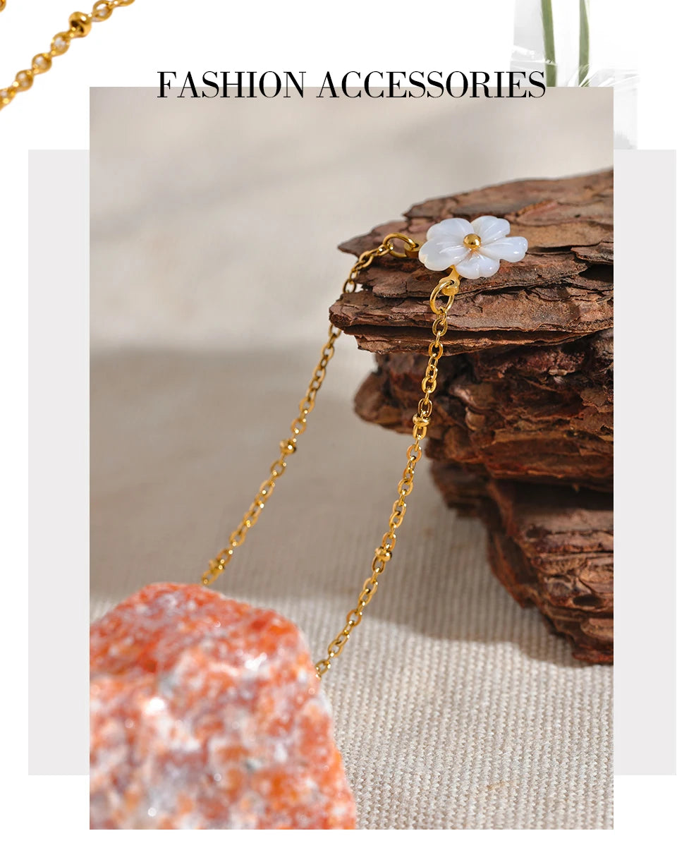 Yhpup Chic Fashion Natural Shell Flower Pendant Necklace Gift Stainless Steel Exquisite Chain Gold Color Premium Jewelry Bijoux