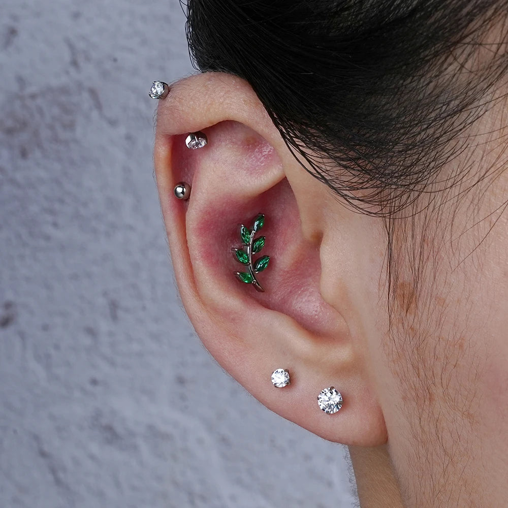 Right Grand ASTM F136 Titanium 16G Marquise CZ Leaves Stud Earring Leaf Shaped Helix Cartilage Conch Flat Back Piercing Jewelry