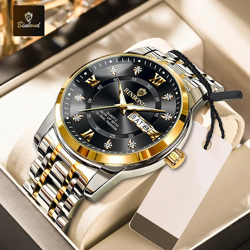 BINBOND 7169 Men's Watches Trend Fashion Star Ring Dial Original Quartz Watch for Man Waterproof Stainless Steel Luminous