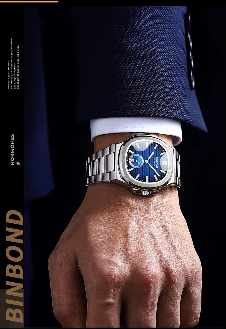 BINBOND Men's Business Quartz Watch – Stainless Steel Waterproof Wristwatch