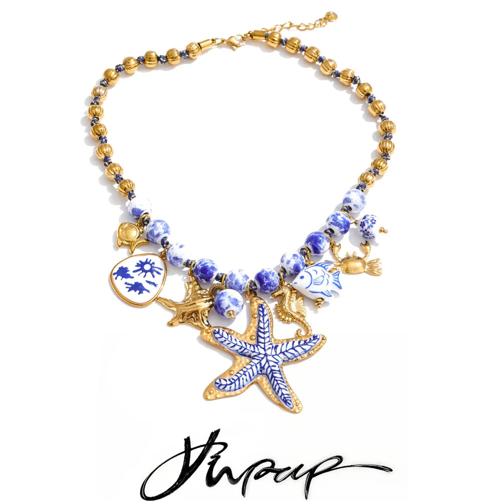 Yhpup Ocean Series Ceramic Beads Chain Fish Starfish Drop Charm Statement Necklace Exclusive Style Handmade Collar Jewelry