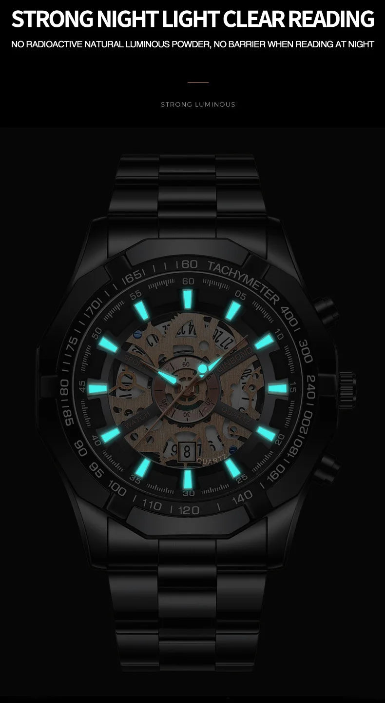 Binbond Mens Watches Top Brand Luxury Stainless Steel Waterproof Hollow Out Blue Big Male Wristwatches Relogio Masculino 2023