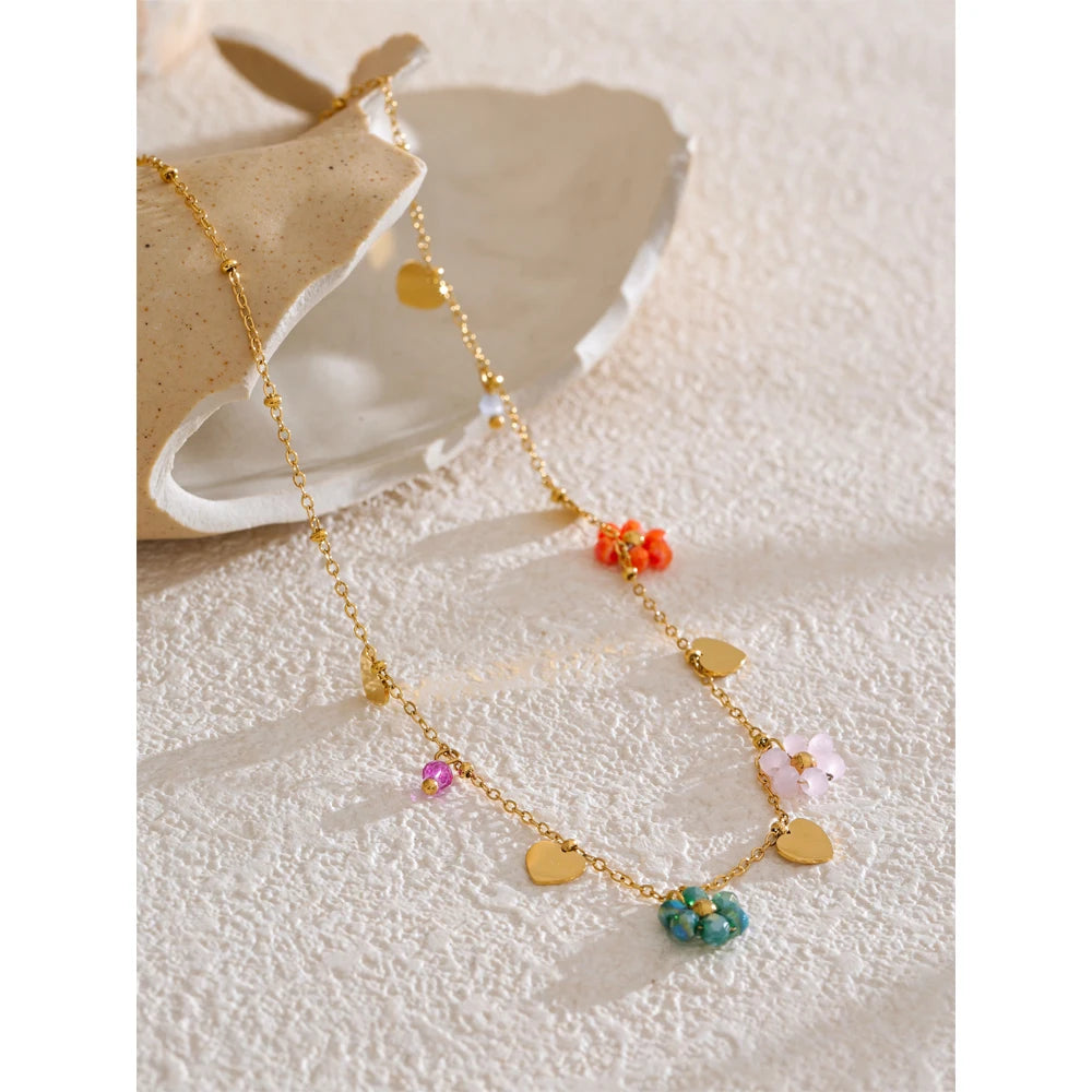 Yhpup Summer Fashion Crystal Flower Pendant Necklace for Women Stainless Steel Handmade Cute Collar Jewelry 2025 Waterproof