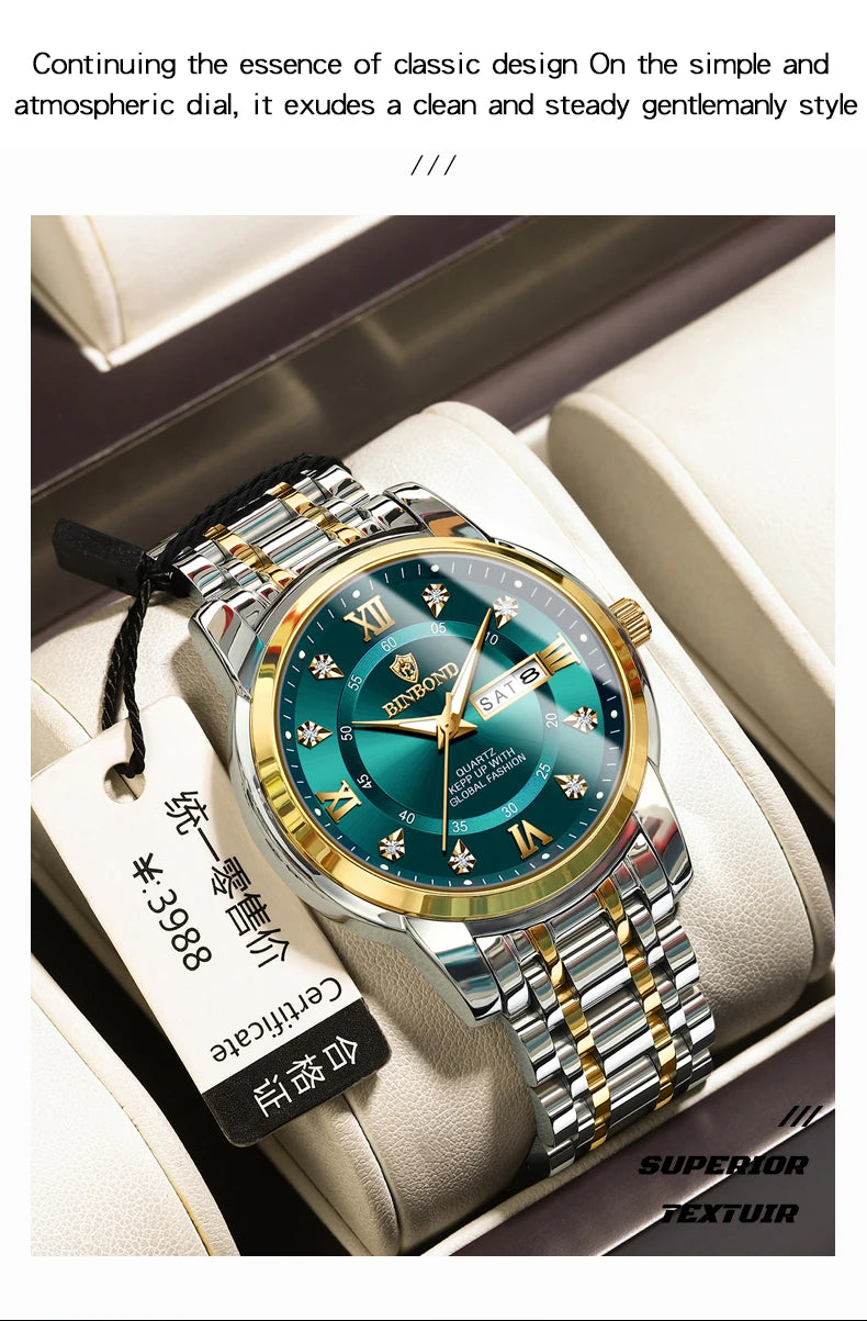 BINBOND 7169 Men's Watches Trend Fashion Star Ring Dial Original Quartz Watch for Man Waterproof Stainless Steel Luminous
