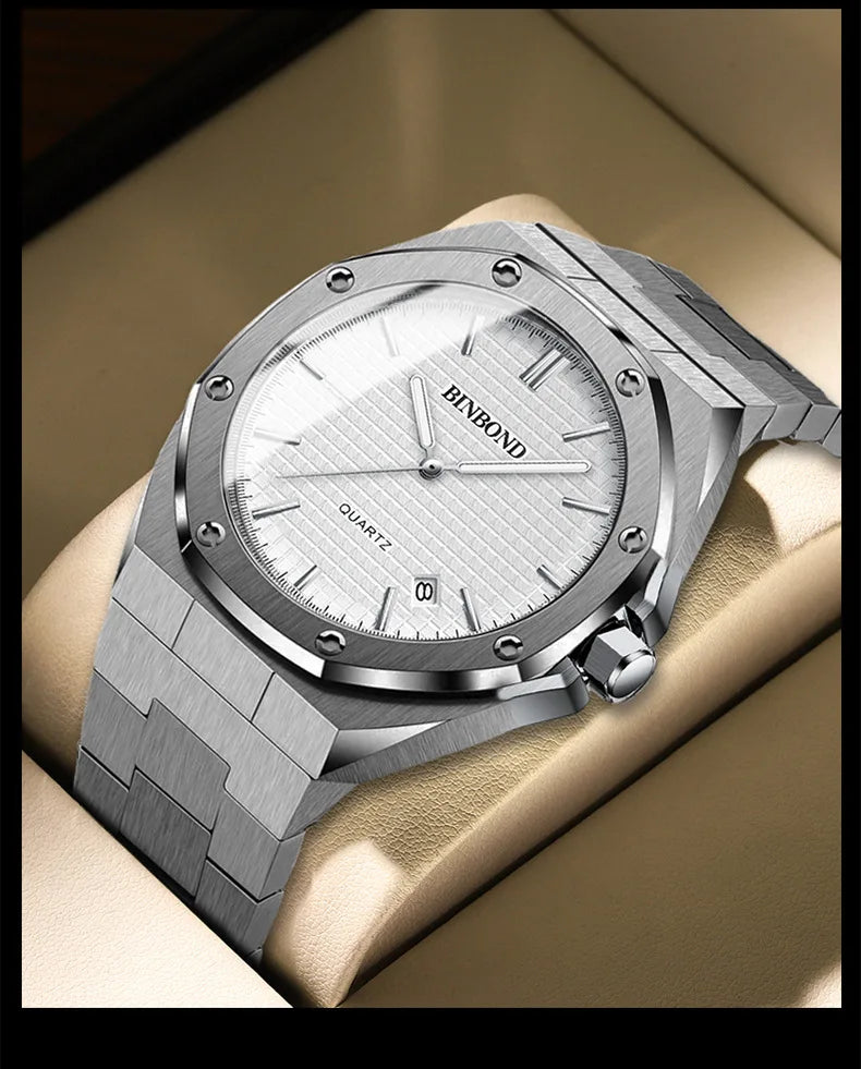 BINBOND B0233 Fashion Casual Men Watches Big Dial blackStainless Steel Calendar Quartz Wristwatch Classic Top Brand Male Clock