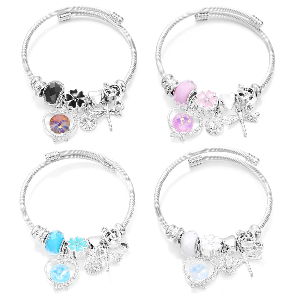 New Butterfly Crystal Tree of Life Beaded Pendant Bracelet Stainless Steel 4 Colors Closure Bangles Women Bracelet Accessories