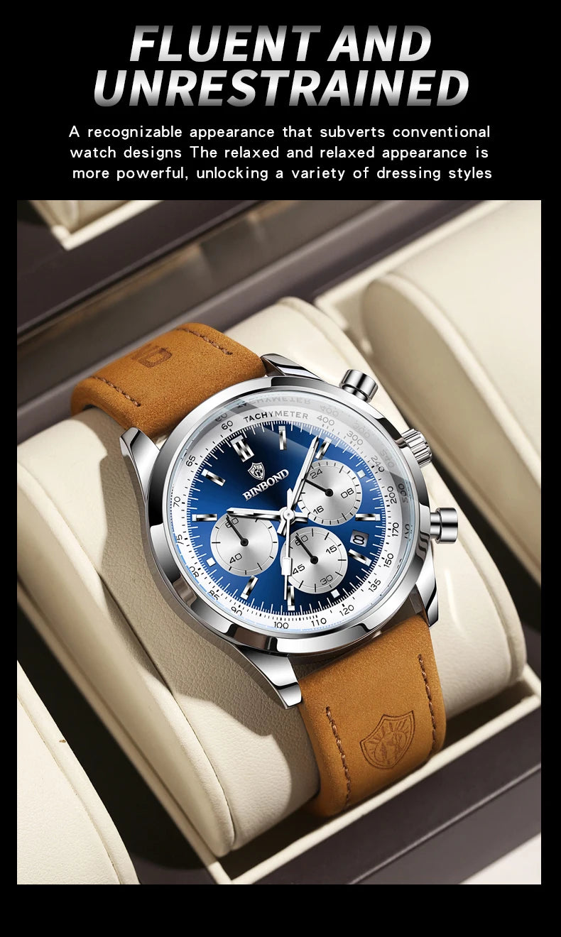 BINBOND Fashion New Quartz Men's Watch Leather Watchband Luminous Waterproof Timer Sports Business Man Watches Relogio Masculino