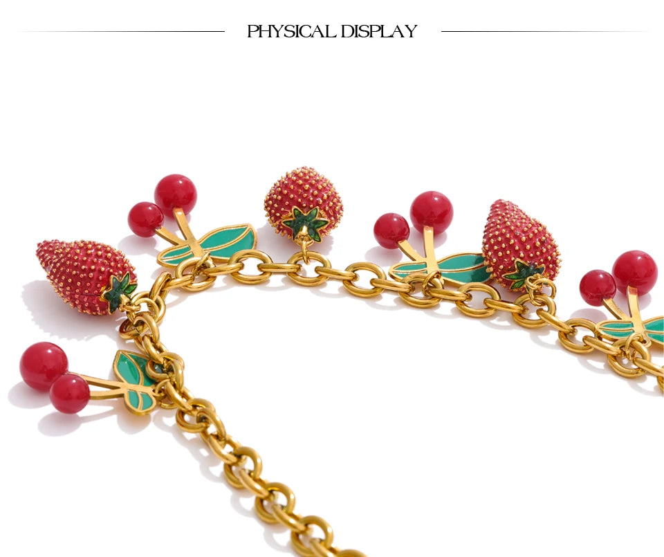 Yhpup 2025 Red Enamel Acrylic Cherry Strawberry Drop Necklace for Women Stainless Steel Fruit Handmade Fashion Collar Jewellery