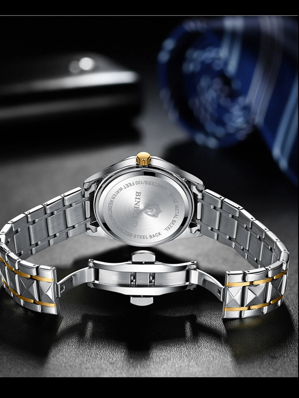 2pcs/Set BINBOND Couple Quartz Watches 30M Waterproof Fashion Diamond Valentine Day Gift Stainless Steel Watch Men Women Watch