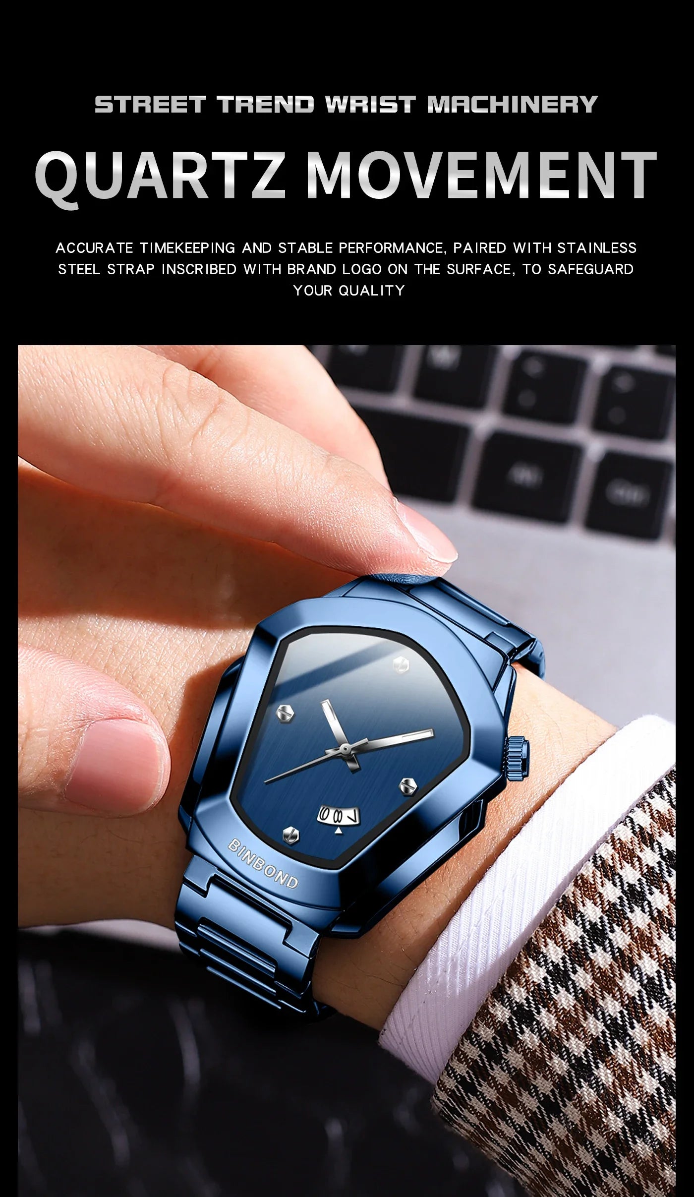 BINBOND Luxury Mens Watches Stainless Steel Strap New Concept Quartz Calendar Business Sports WristWatch Fashion Watches For Men