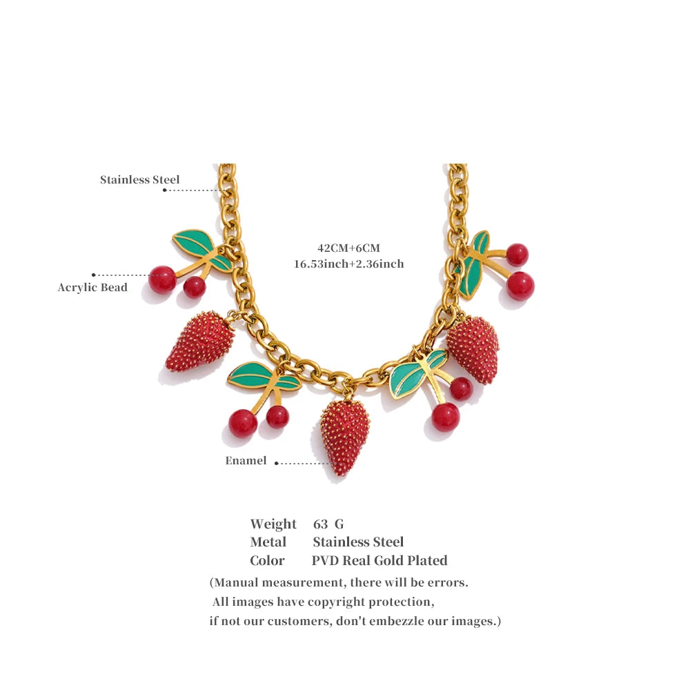 Yhpup 2025 Red Enamel Acrylic Cherry Strawberry Drop Necklace for Women Stainless Steel Fruit Handmade Fashion Collar Jewellery