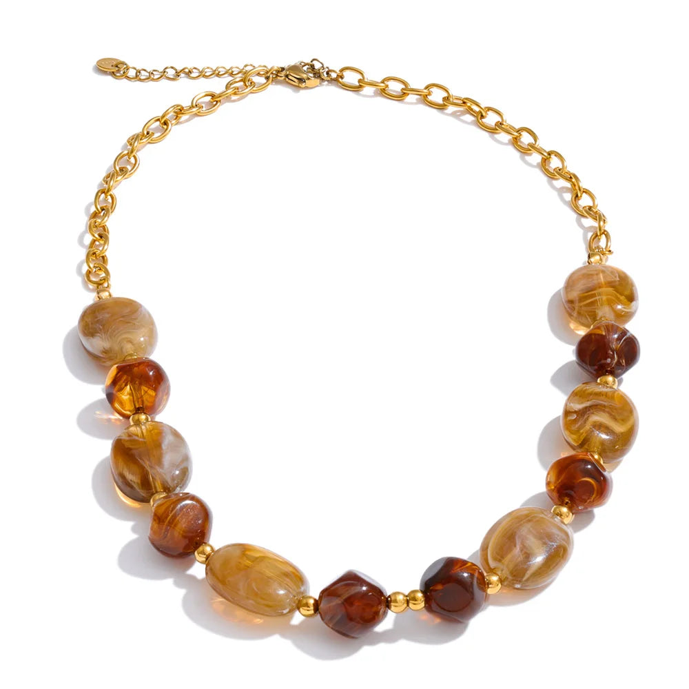 Yhpup Stainless Steel Resin Beads Chain Statement Necklace Waterproof PVD Plated Handmade Attractive Neck Jewelry Accessories