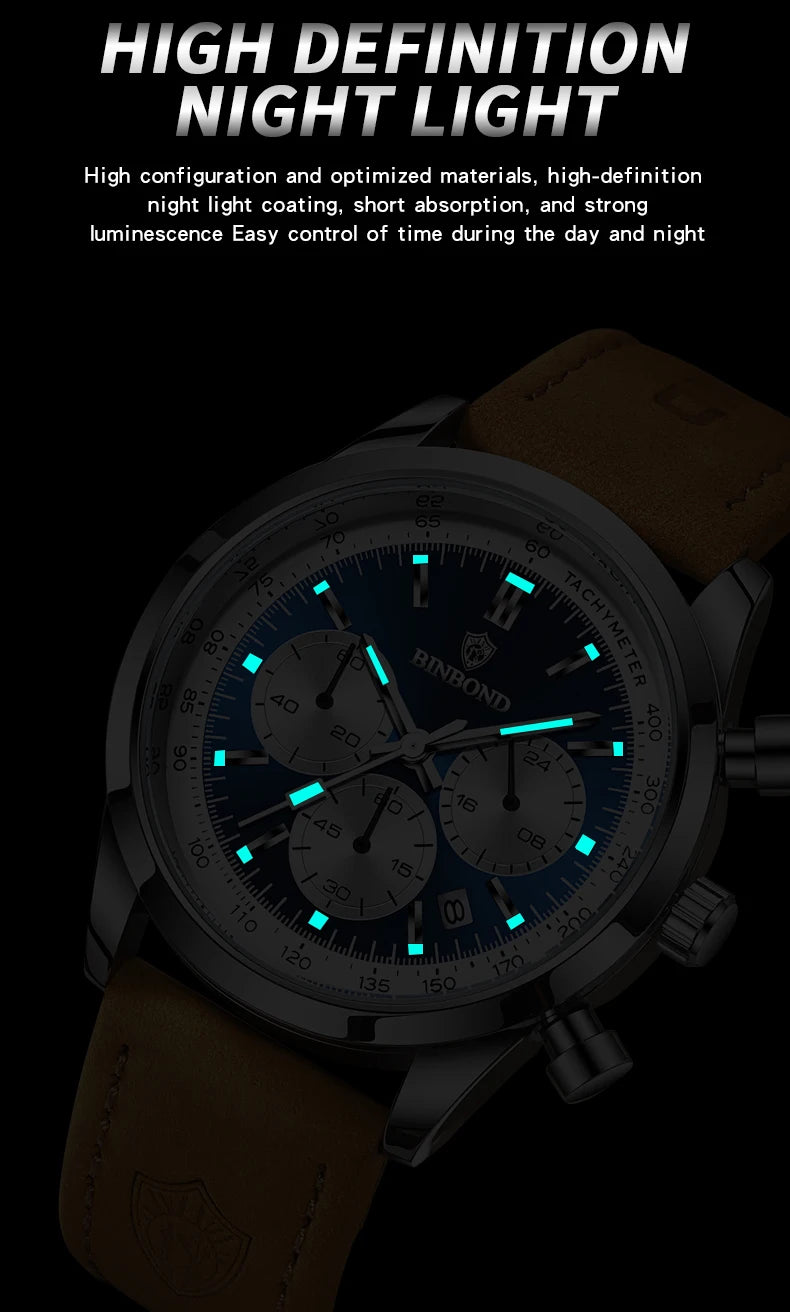 BINBOND Fashion New Quartz Men's Watch Leather Watchband Luminous Waterproof Timer Sports Business Man Watches Relogio Masculino