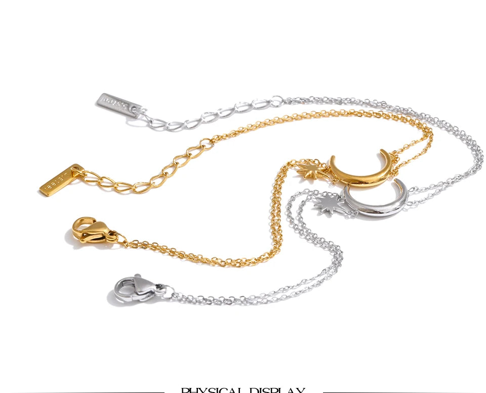 Yhpup Stainless Steel Double-Layer Chain Sun Moon Bracelet Bangle for Women Summer Waterproof Fashion Wrist Jewelry Wholesale