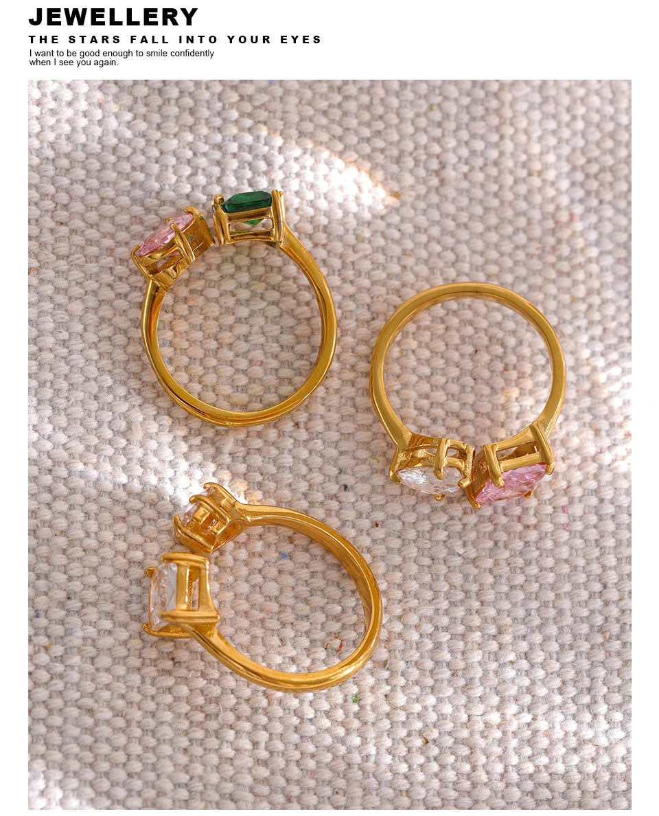 Yhpup Waterproof Fashion Stainless Steel Pink Green Cubic Zirconia Adjustable Open Ring Gold Color Unique Bling Charm Jewelry