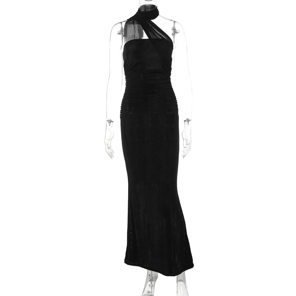Hugcitar Elegant Solid Halter Sleeveless Backless Ruched Sexy Bodycon Maxi Dress Summer Women Y2K Outfit Evening Party Festival