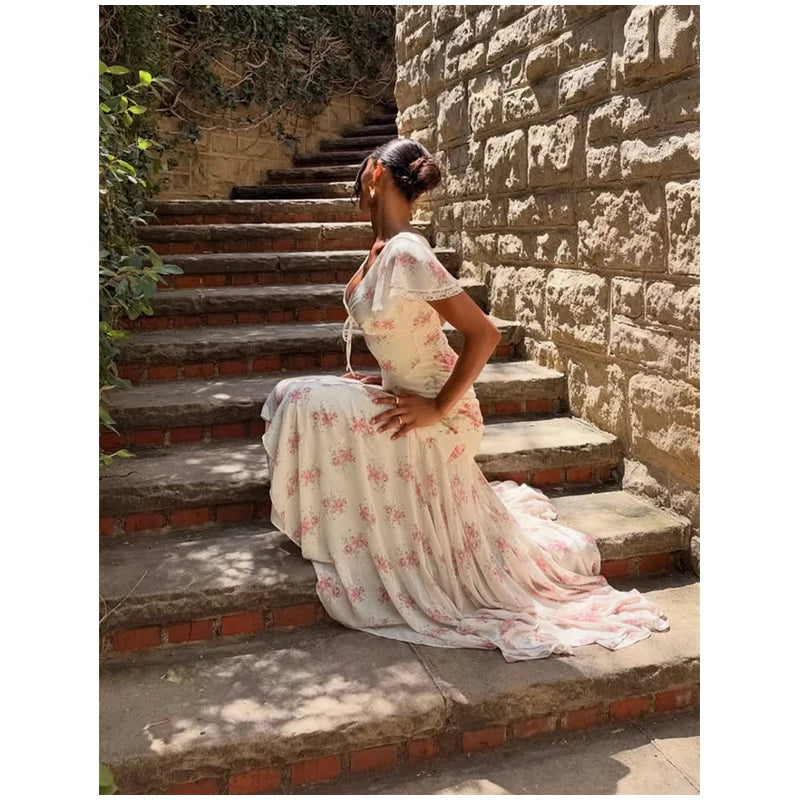 Women White Pink Floral Print Fishtail Skirt Set Chic V Neck Puff Sleeve Ruffle Button Crop Top Suit Elegant Lady Wedding Outfit