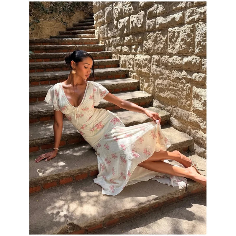 Women White Pink Floral Print Fishtail Skirt Set Chic V Neck Puff Sleeve Ruffle Button Crop Top Suit Elegant Lady Wedding Outfit