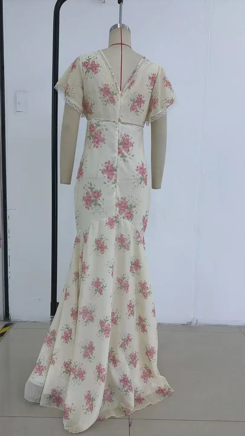 Women White Pink Floral Print Fishtail Skirt Set Chic V Neck Puff Sleeve Ruffle Button Crop Top Suit Elegant Lady Wedding Outfit