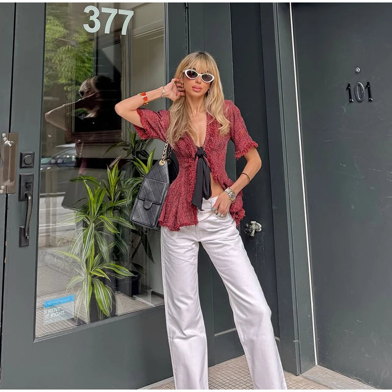 Women's Vintage Fringed V-Neck Blouse – Short Sleeve Lace-Up Ruffle Top | Chic Summer Fashion Shirt 2026