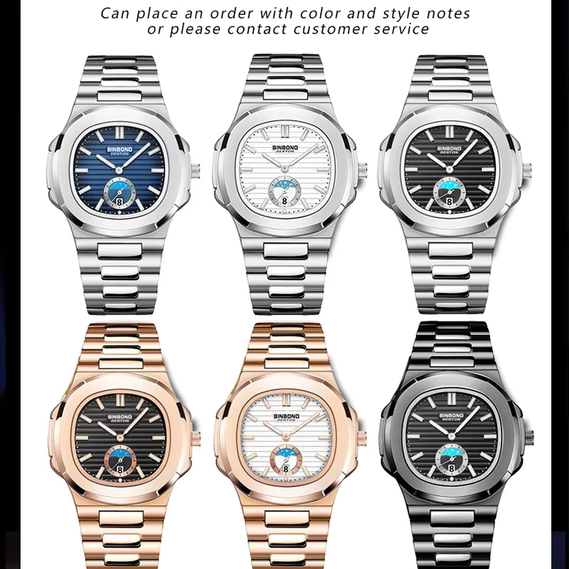 BINBOND Men's Business Quartz Watch – Stainless Steel Waterproof Wristwatch