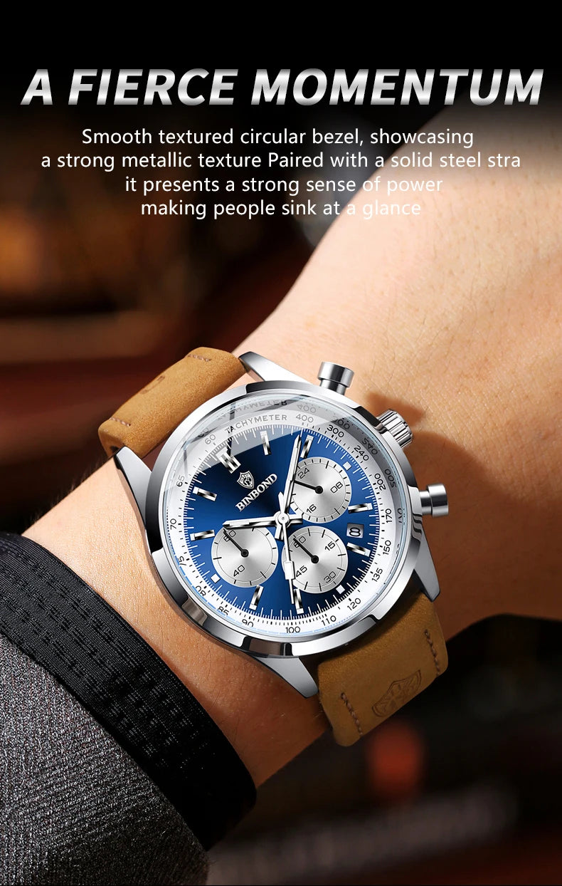 BINBOND Fashion New Quartz Men's Watch Leather Watchband Luminous Waterproof Timer Sports Business Man Watches Relogio Masculino