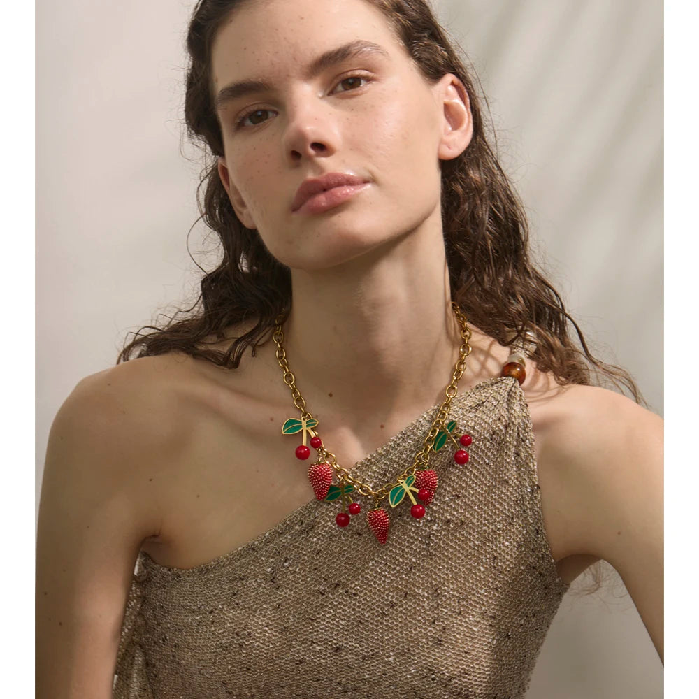 Yhpup 2025 Red Enamel Acrylic Cherry Strawberry Drop Necklace for Women Stainless Steel Fruit Handmade Fashion Collar Jewellery