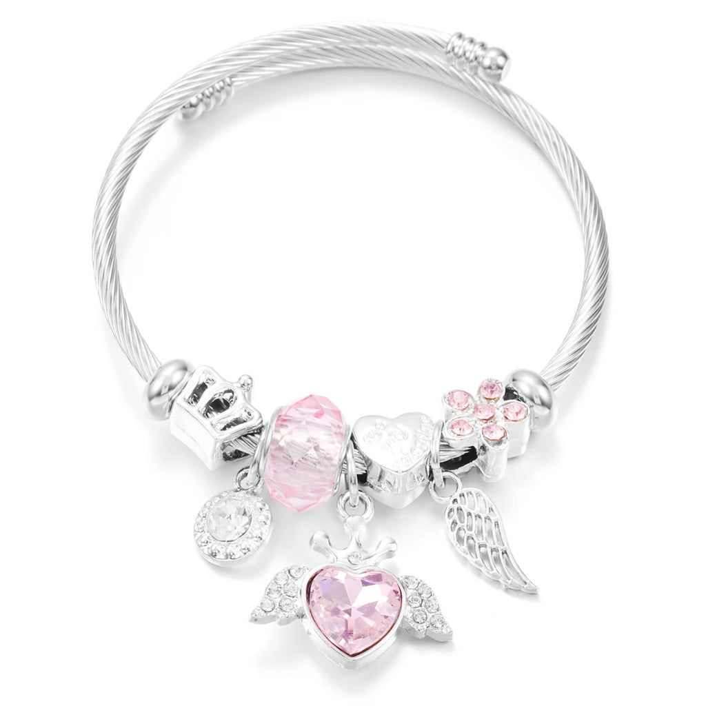 New Butterfly Crystal Tree of Life Beaded Pendant Bracelet Stainless Steel 4 Colors Closure Bangles Women Bracelet Accessories