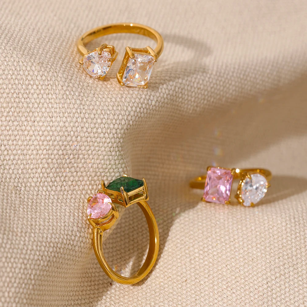 Yhpup Waterproof Fashion Stainless Steel Pink Green Cubic Zirconia Adjustable Open Ring Gold Color Unique Bling Charm Jewelry