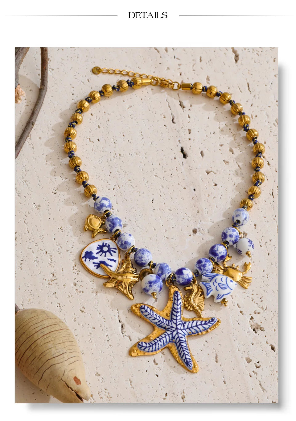Yhpup Ocean Series Ceramic Beads Chain Fish Starfish Drop Charm Statement Necklace Exclusive Style Handmade Collar Jewelry