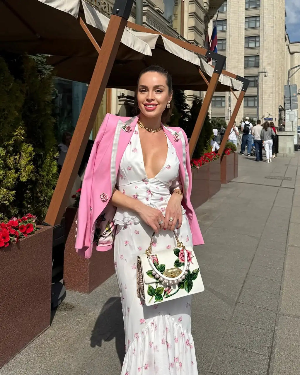 Women White Pink Floral Print Fishtail Skirt Set Chic V Neck Puff Sleeve Ruffle Button Crop Top Suit Elegant Lady Wedding Outfit