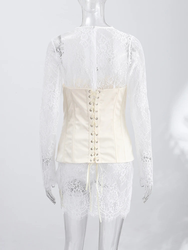 Women's Lace Sleeves Corset Mini Dress Deep V-Neck Sheer Romantic Evening Dress Elegant Party Wear Female Clothing Summer Suit
