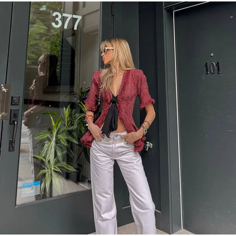 Women's Vintage Fringed V-Neck Blouse – Short Sleeve Lace-Up Ruffle Top | Chic Summer Fashion Shirt 2026
