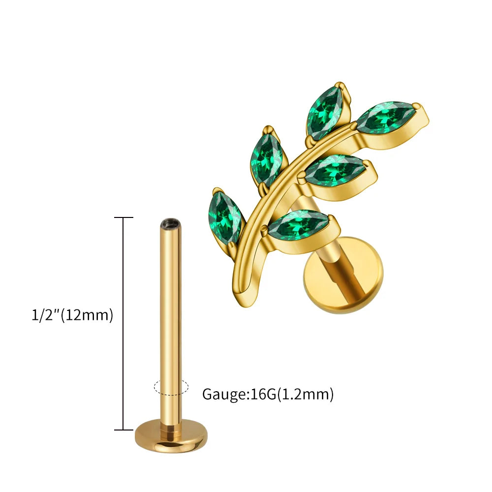 Right Grand ASTM F136 Titanium 16G Marquise CZ Leaves Stud Earring Leaf Shaped Helix Cartilage Conch Flat Back Piercing Jewelry