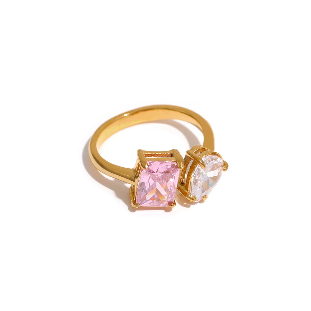 Yhpup Waterproof Fashion Stainless Steel Pink Green Cubic Zirconia Adjustable Open Ring Gold Color Unique Bling Charm Jewelry