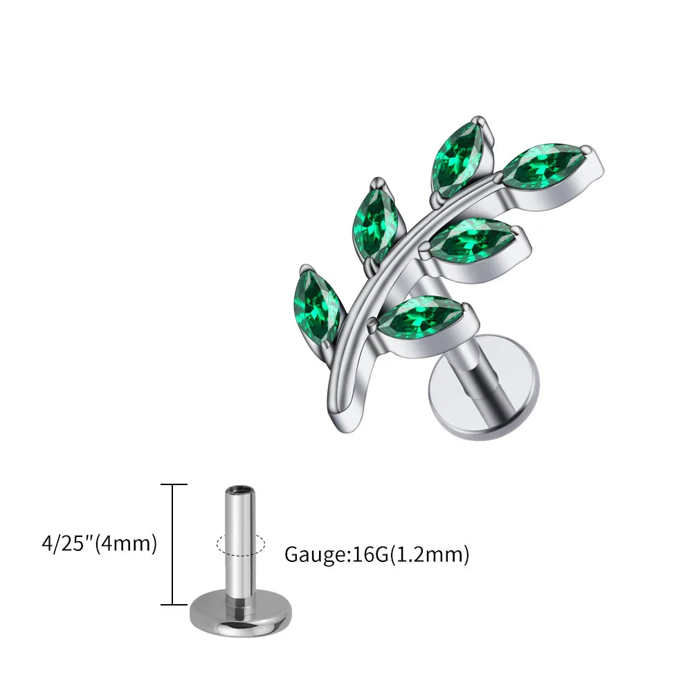 Right Grand ASTM F136 Titanium 16G Marquise CZ Leaves Stud Earring Leaf Shaped Helix Cartilage Conch Flat Back Piercing Jewelry