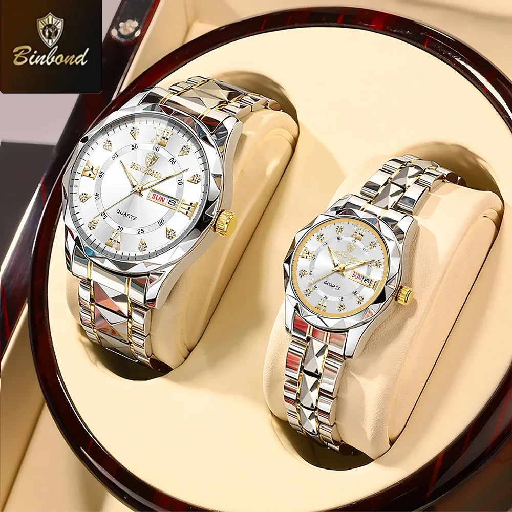 BINBOND 2pcs/Set Couple Watches Fashion Diamond Valentine Day Gift Stainless Steel Waterproof Watch Men Women New Quartz Watches