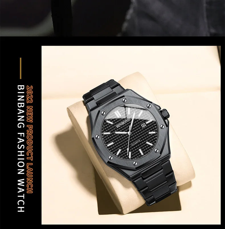 BINBOND B0233 Fashion Casual Men Watches Big Dial blackStainless Steel Calendar Quartz Wristwatch Classic Top Brand Male Clock