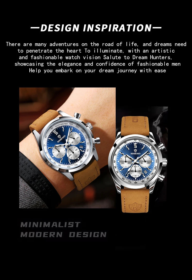 BINBOND Fashion New Quartz Men's Watch Leather Watchband Luminous Waterproof Timer Sports Business Man Watches Relogio Masculino