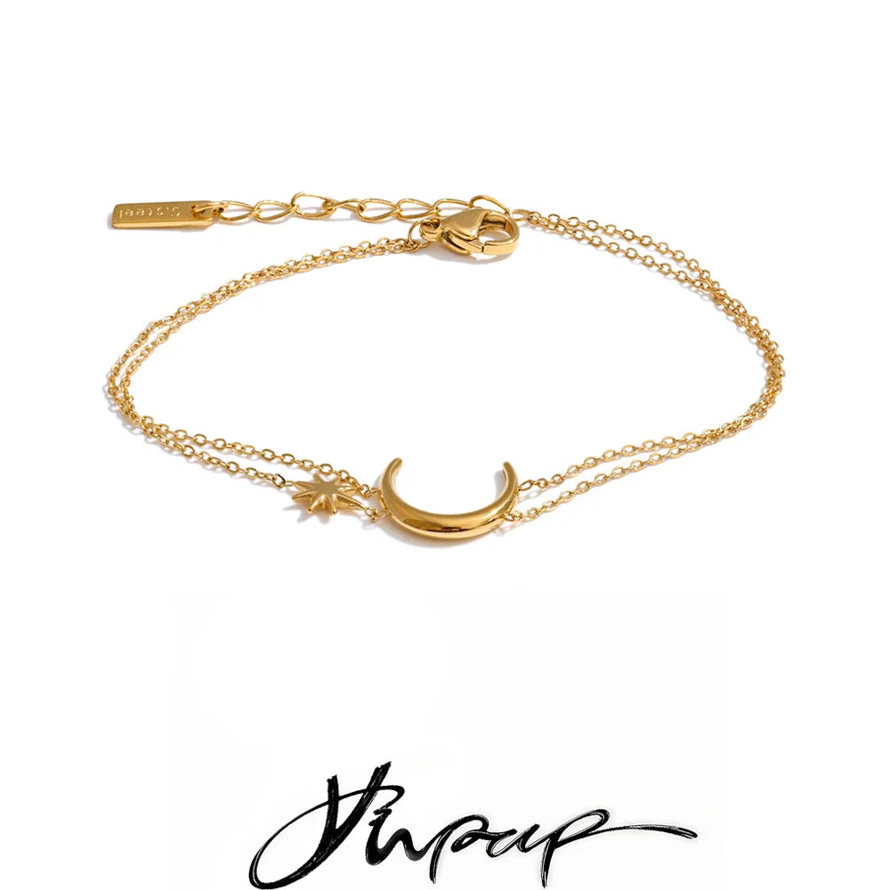 Yhpup Stainless Steel Double-Layer Chain Sun Moon Bracelet Bangle for Women Summer Waterproof Fashion Wrist Jewelry Wholesale