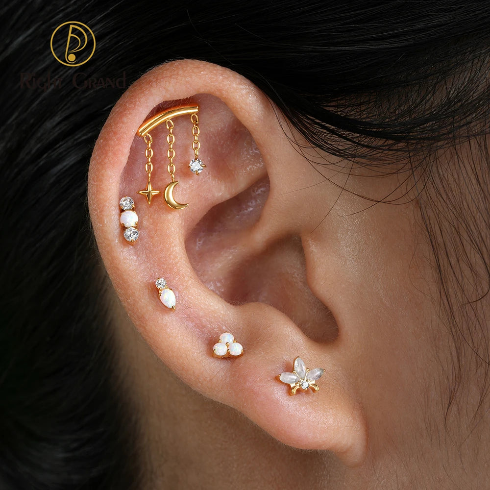 Right Grand ASTM F136 Titanium Hidden Helix Chain Earring 16G Dainty Star Moon CZ Dangle Cartilage Stud Piercing Jewelry