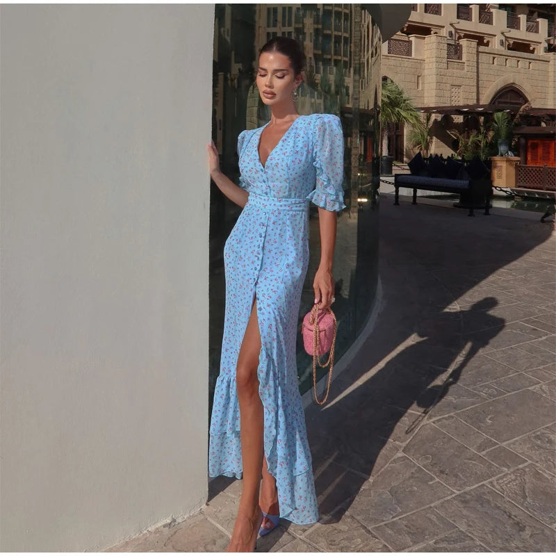 Women White Pink Floral Print Fishtail Skirt Set Chic V Neck Puff Sleeve Ruffle Button Crop Top Suit Elegant Lady Wedding Outfit