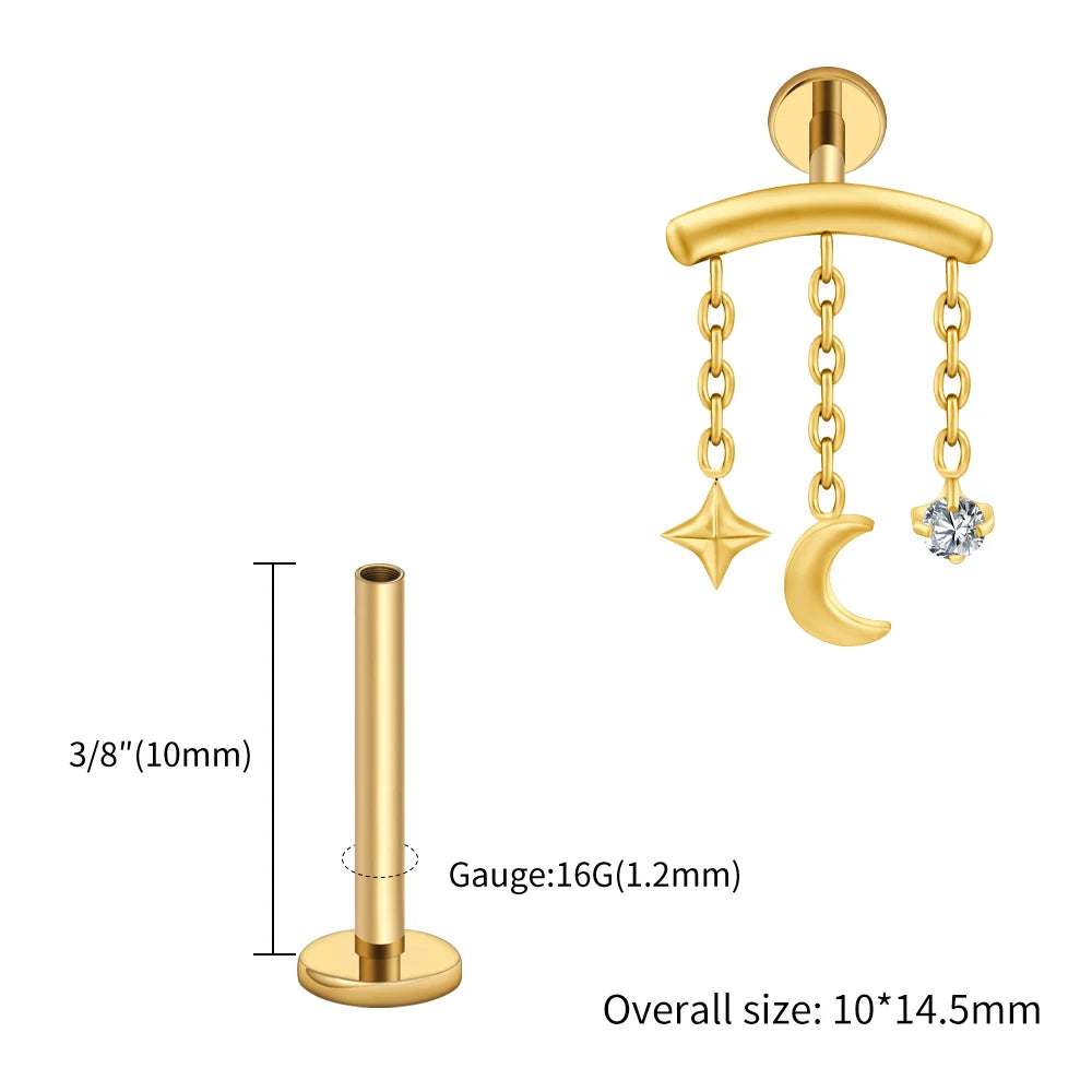 Right Grand ASTM F136 Titanium Hidden Helix Chain Earring 16G Dainty Star Moon CZ Dangle Cartilage Stud Piercing Jewelry